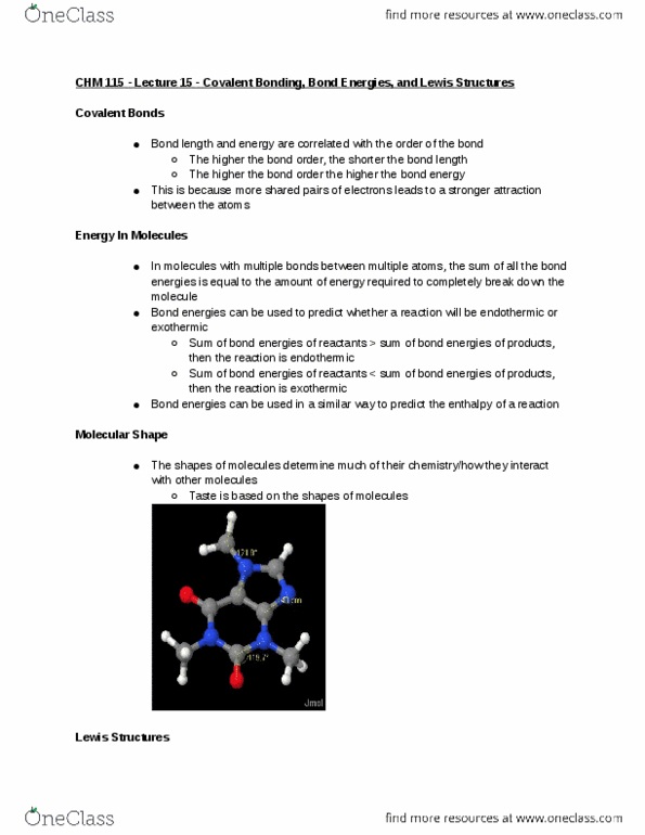 CHM 11500 Lecture Notes - Lecture 15: Bond Energy, Lewis Structure, Bond Order thumbnail
