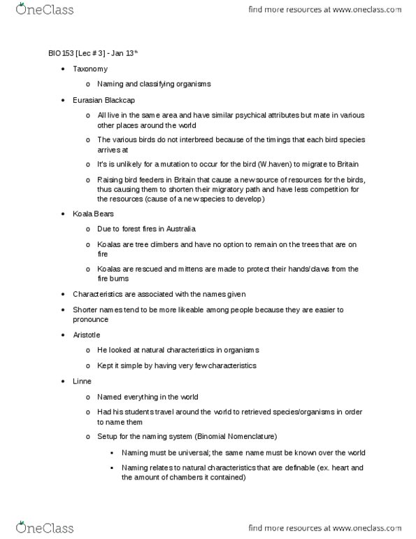 BIO153H5 Lecture Notes - Lecture 3: Eurasian Blackcap, Carl Linnaeus, Binomial Nomenclature thumbnail