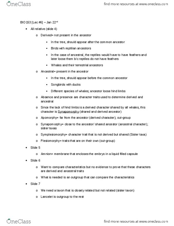 BIO153H5 Lecture Notes - Lecture 6: Symplesiomorphy, Synapomorphy, Amnion thumbnail