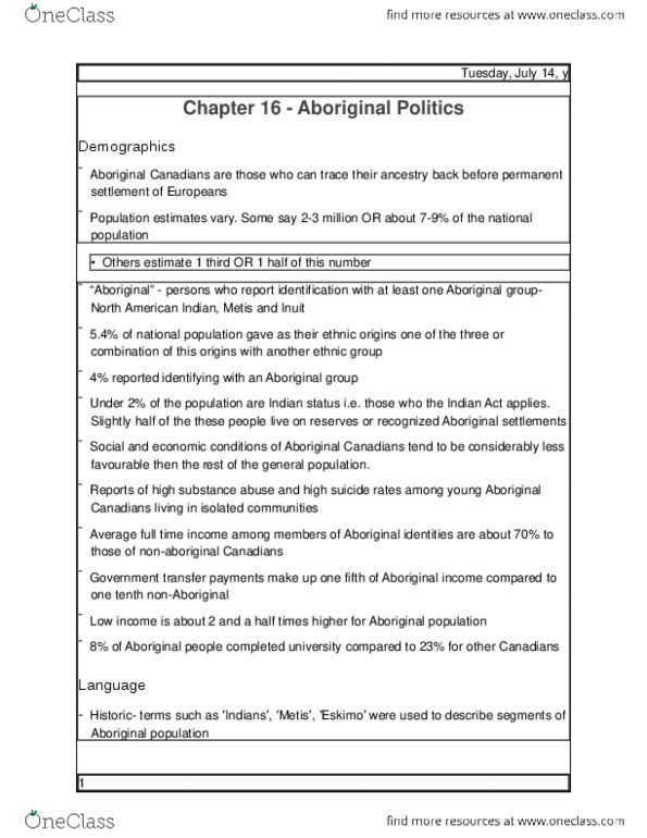POLS 2300 Chapter Notes - Chapter 16: Indian Register, Constitution Act, 1982, Indian Act thumbnail