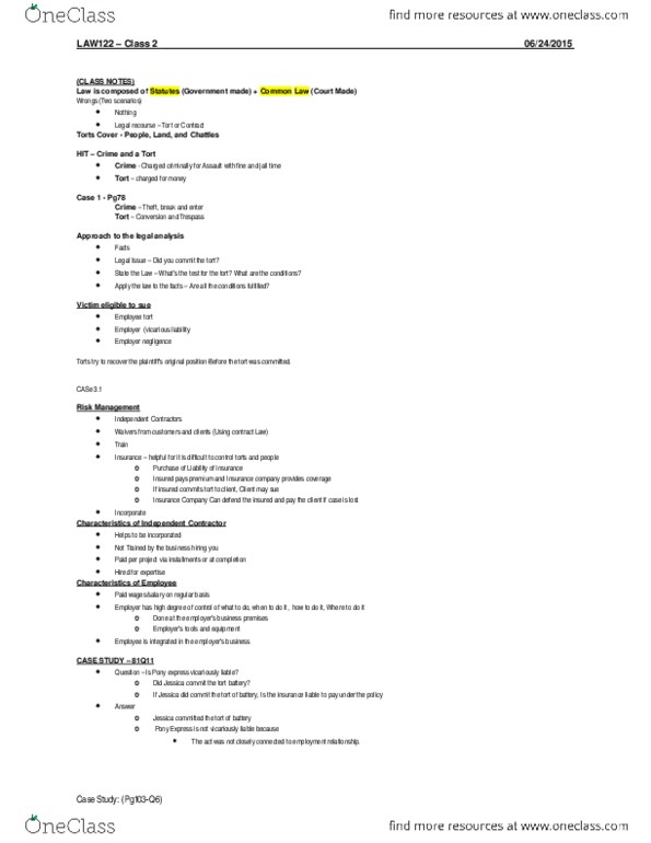 LAW 122 Lecture Notes - Lecture 2: Tort thumbnail