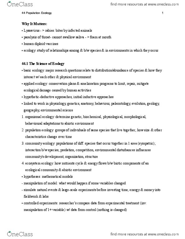 Biology 1201A Chapter Notes - Chapter 44: Population Ecology, Ecosystem Ecology, Lyssavirus thumbnail