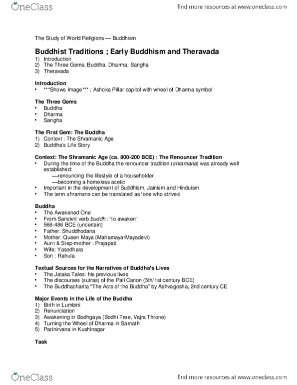 RELG 207 Lecture Notes - Lecture 13: Four Noble Truths, Jataka Tales, Pillars Of Ashoka thumbnail