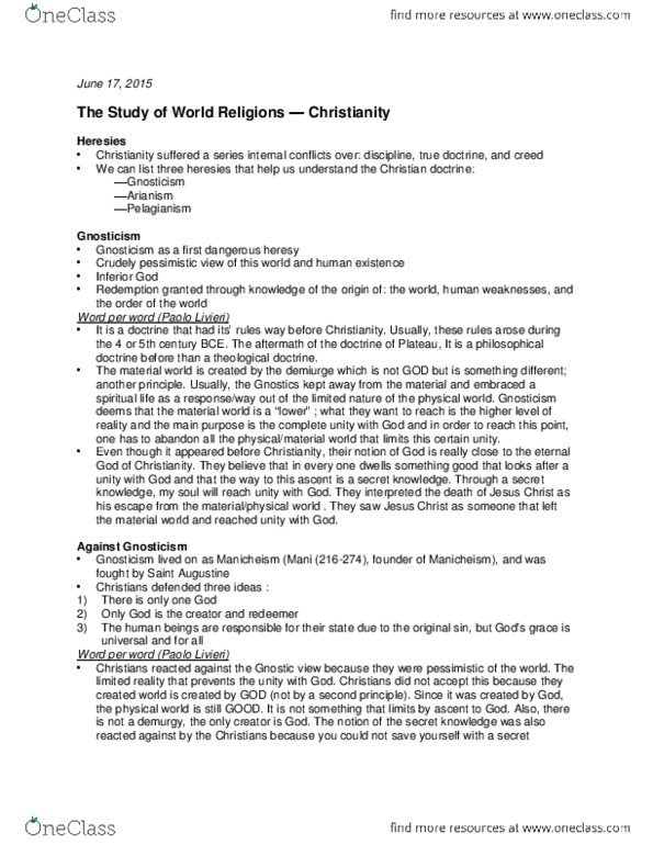 RELG 207 Lecture Notes - Lecture 7: Gnosticism, Manichaeism, Pelagianism thumbnail