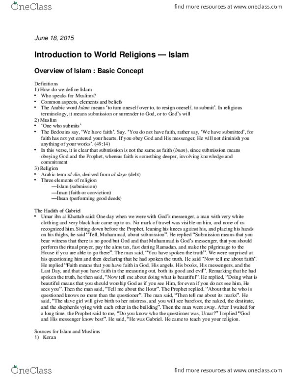 RELG 207 Lecture Notes - Lecture 8: Shahada, Worship God, Salah thumbnail