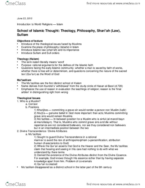 RELG 207 Lecture Notes - Lecture 10: Islamic Philosophy, Kalam, Peripatetic School thumbnail