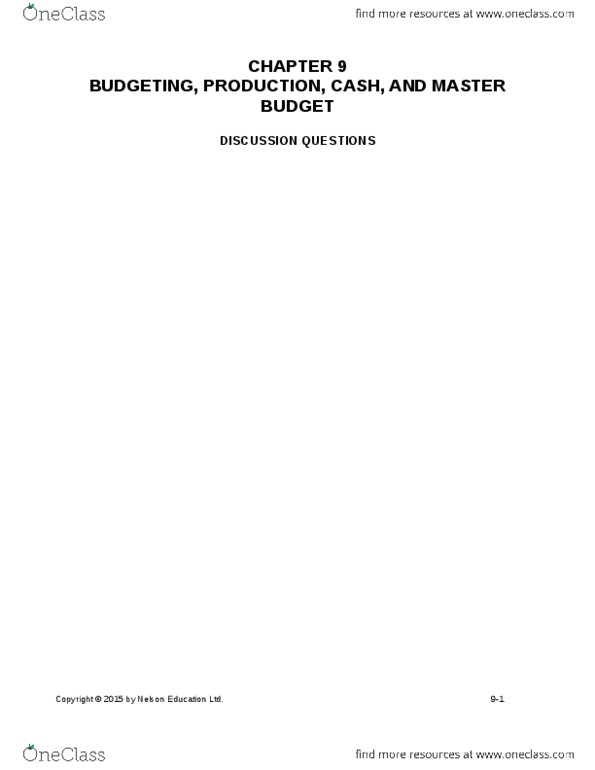 ACC 406 Chapter Notes - Chapter 9: Budget, Variable Cost, Net Income thumbnail