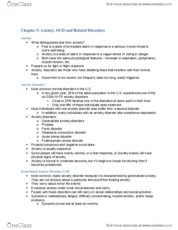 PSYC 3140 Chapter Notes - Chapter 5: Cognitive Behavioral Therapy, Specific Phobia, Posttraumatic Stress Disorder thumbnail