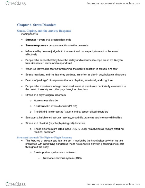 PSYC 3140 Chapter Notes - Chapter 6: Acute Stress Reaction, Sympathetic Nervous System, Autonomic Nervous System thumbnail