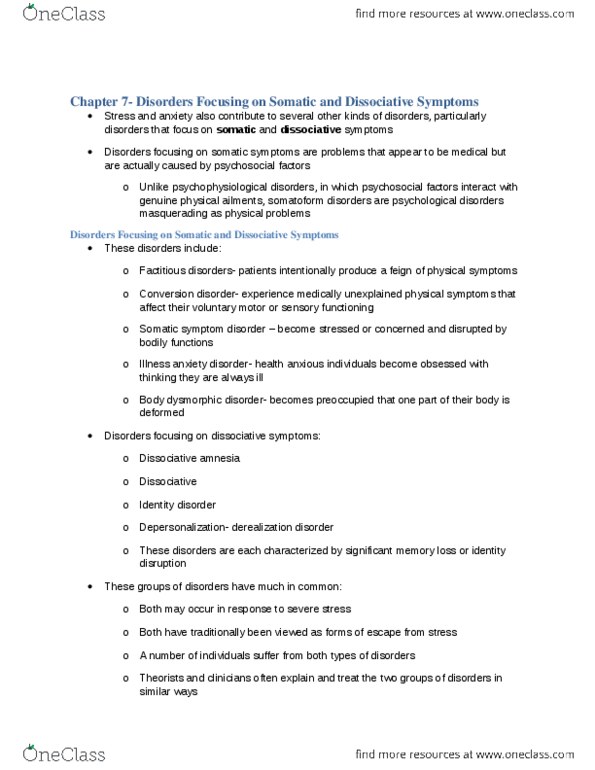 PSYC 3140 Chapter Notes - Chapter 7: Medically Unexplained Physical Symptoms, Dissociative Identity Disorder, Dissociative Disorder thumbnail