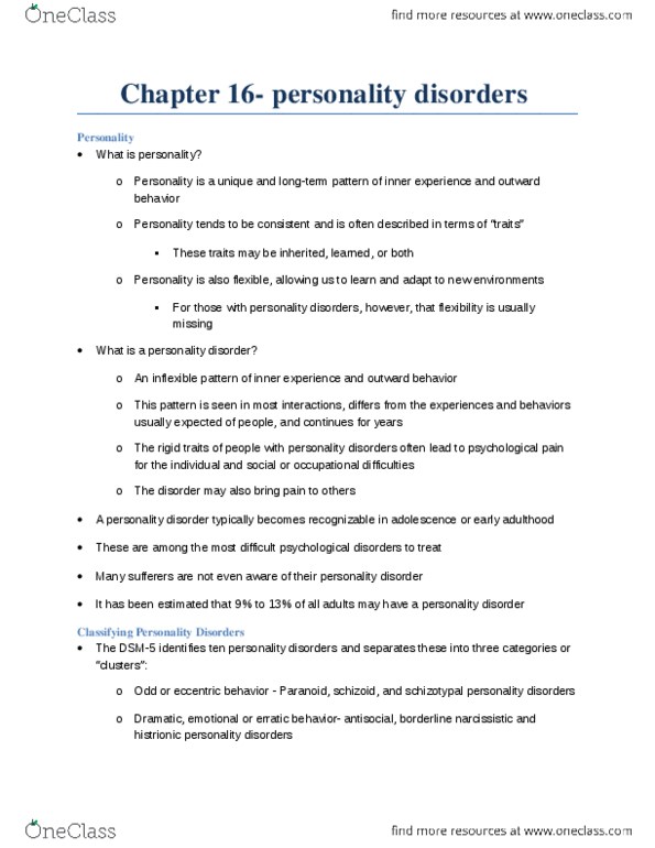 PSYC 3140 Chapter Notes - Chapter 16: Schizoid Personality Disorder, Schizotypal Personality Disorder, Histrionic Personality Disorder thumbnail