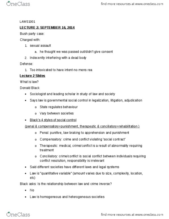 LAWS 1000 Lecture Notes - Lecture 2: Mens Rea, Social Control, Informal Social Control thumbnail