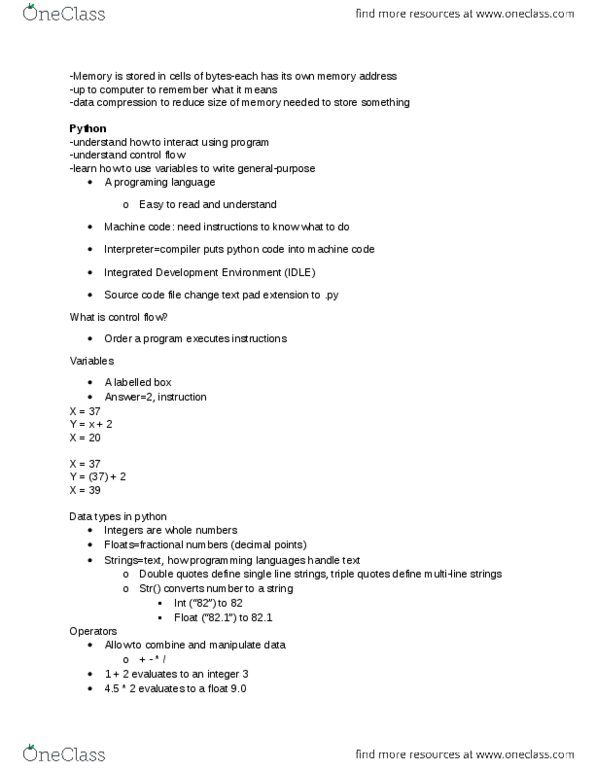 COMP 1001 Lecture Notes - Lecture 6: Integrated Development Environment, Machine Code, Memory Address thumbnail