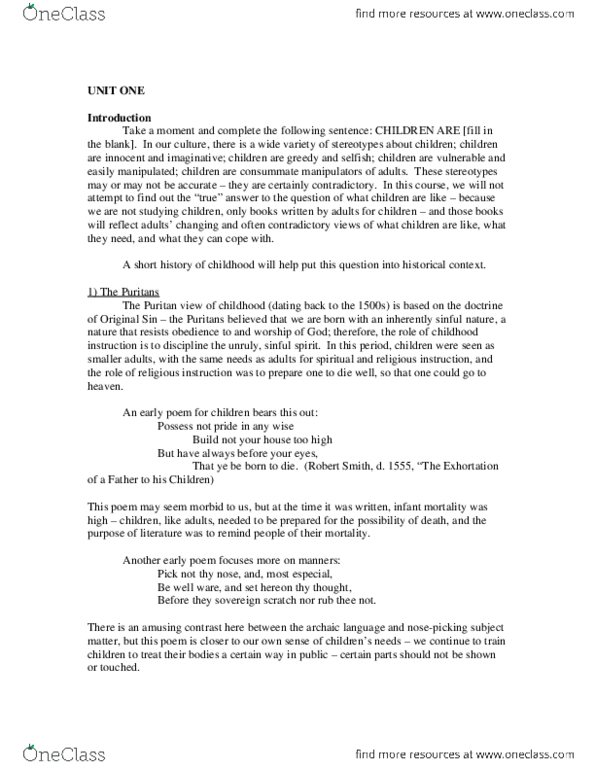 English 2033E Lecture Notes - Lecture 1: Puritans, Tabula Rasa, Red Riding thumbnail
