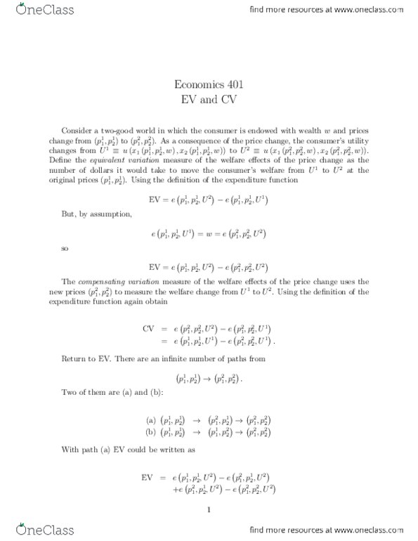 ECON401 Lecture Notes - Lecture 12: Expenditure Function, Budget Constraint, Hicksian Demand Function thumbnail