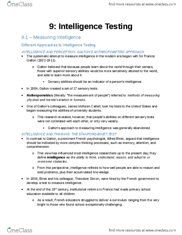 PSYA02H3 Chapter Notes - Chapter 9: Wechsler Adult Intelligence Scale, Lewis Terman, Carol Dweck thumbnail