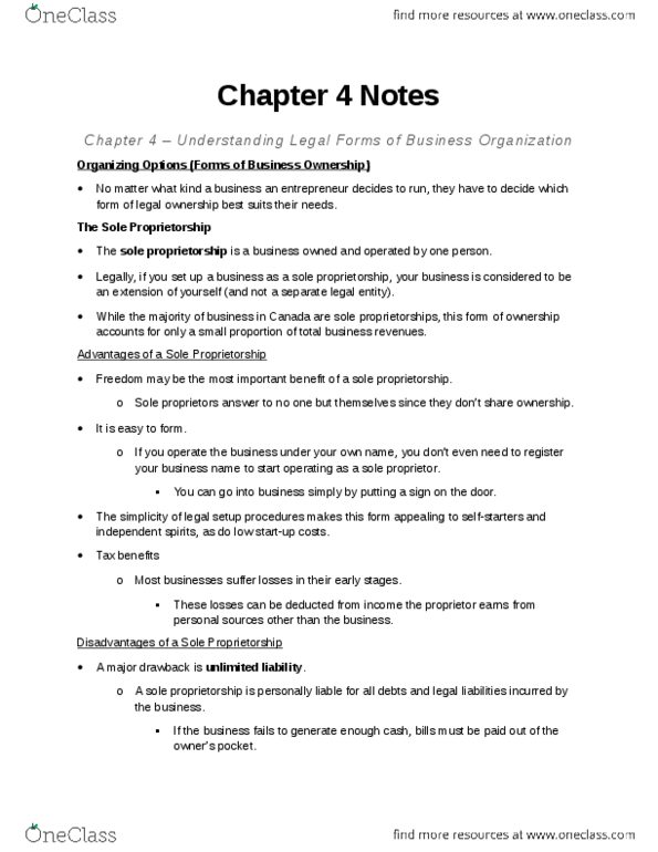 MGTA01H3 Chapter Notes - Chapter 4: Sole Proprietorship, Legal Personality, General Partnership thumbnail