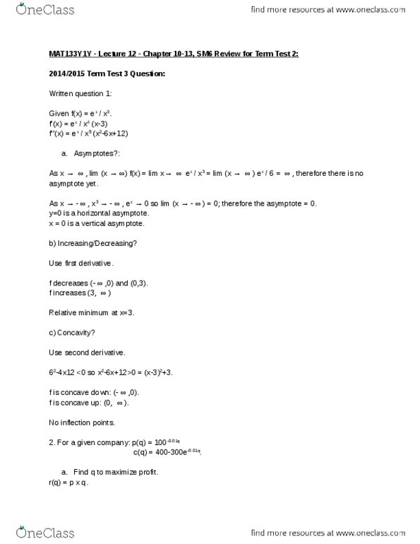 MAT133Y1 Lecture Notes - Lecture 12: Asymptote, Derivative Test, Maxima And Minima thumbnail
