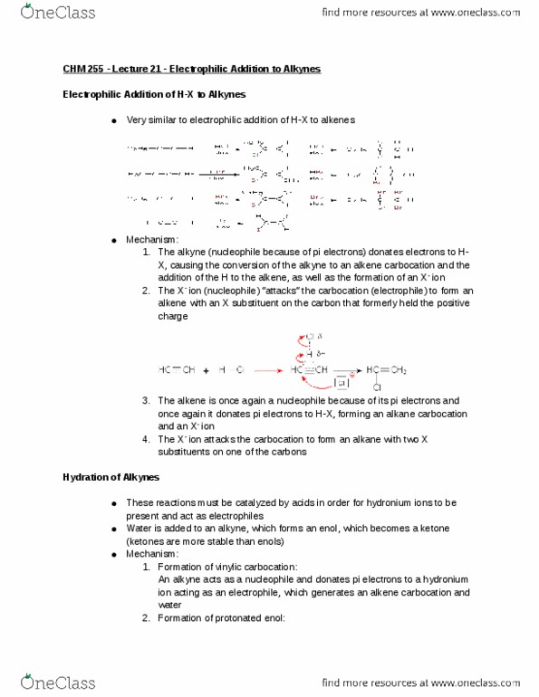 CHM 25500 Lecture Notes - Lecture 21: Electrophilic Addition, Alkyne, Electrophile thumbnail