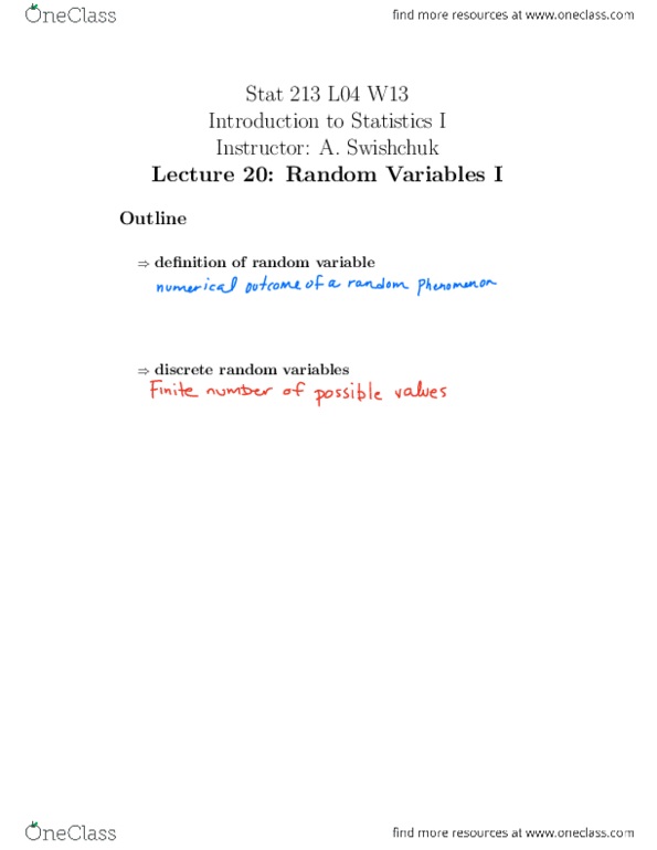 STAT 213 Lecture Notes - Lecture 20: Random Variable thumbnail
