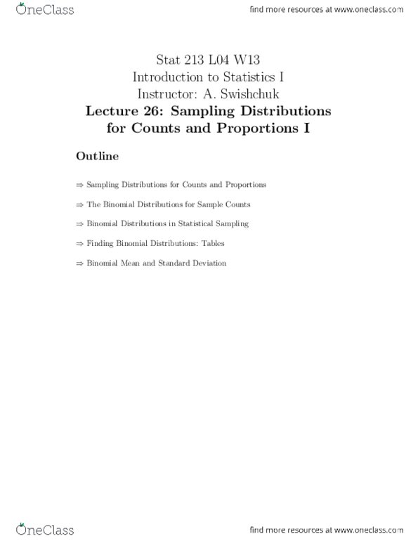 STAT 213 Lecture Notes - Lecture 26: Sampling Distribution, Random Variable, Randomized Experiment thumbnail