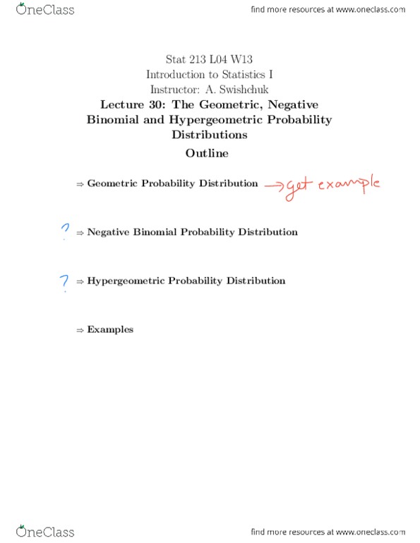 STAT 213 Lecture Notes - Lecture 30: Negative Binomial Distribution, Binomial Distribution, Hypergeometric Distribution thumbnail