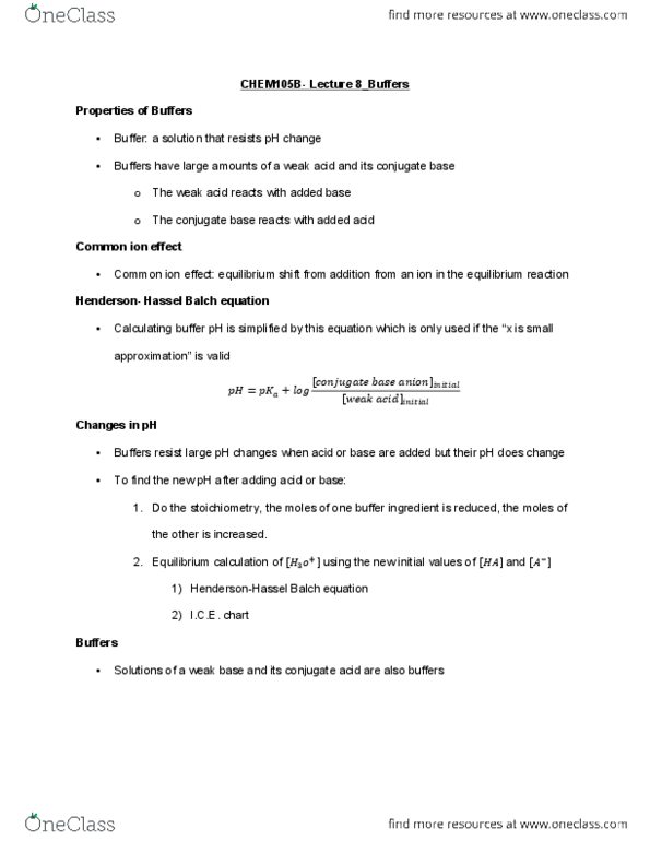 CHEM 105bL Lecture Notes - Lecture 8: Conjugate Acid, Stoichiometry, Weak Base thumbnail