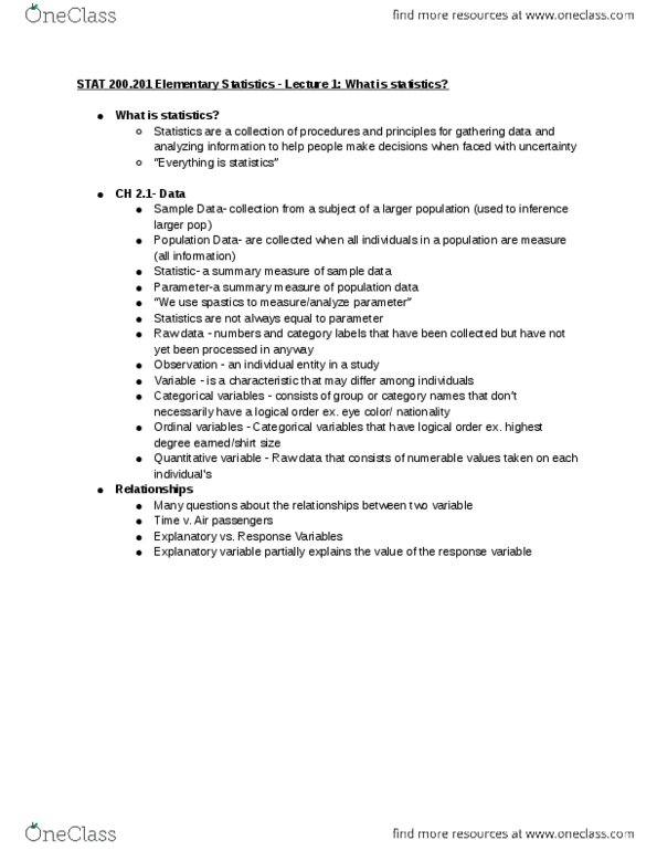 STAT 200 Lecture Notes - Lecture 1: Dependent And Independent Variables thumbnail