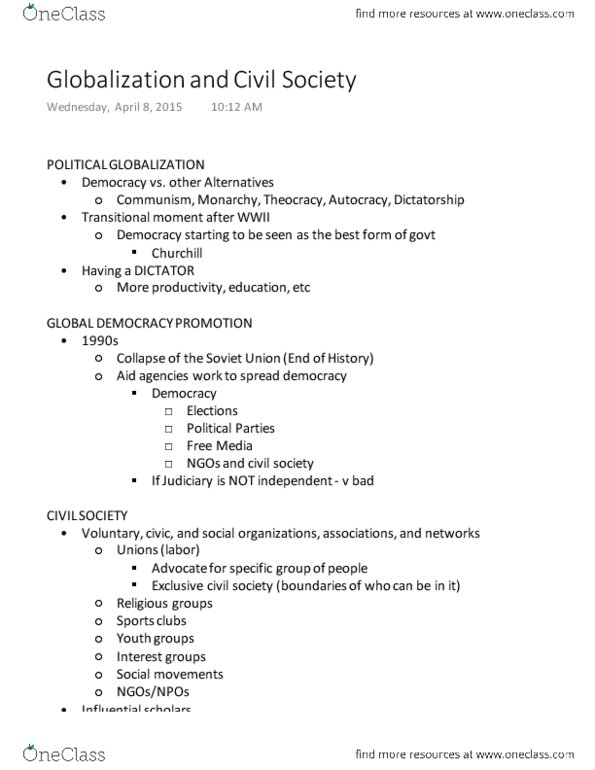 GLBL 210 Lecture Notes - Lecture 21: Robert D. Putnam, Democracy Promotion, Alexis De Tocqueville thumbnail