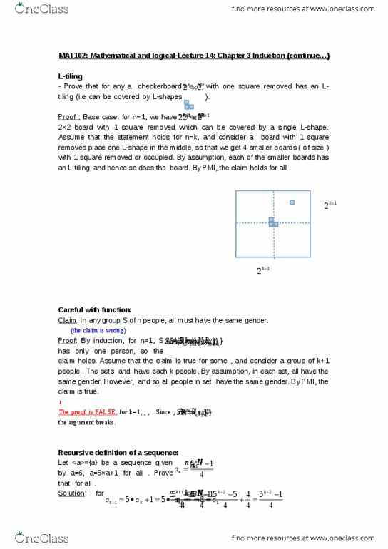 MAT102H5 Lecture Notes - Lecture 14: Mathematical Induction, Recursive Definition thumbnail