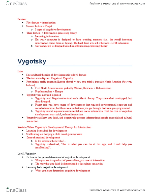 PSY312H5 Lecture Notes - Lecture 4: Sociocultural Evolution, Lev Vygotsky, 6 Years thumbnail