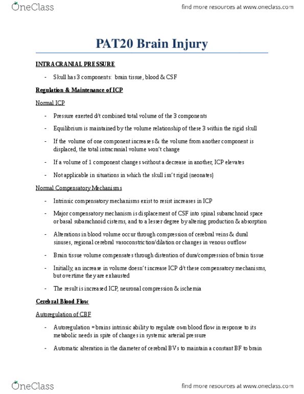 PAT 20A/B Chapter Notes - Chapter 9: Cerebral Perfusion Pressure, Subarachnoid Cisterns, Dural Venous Sinuses thumbnail