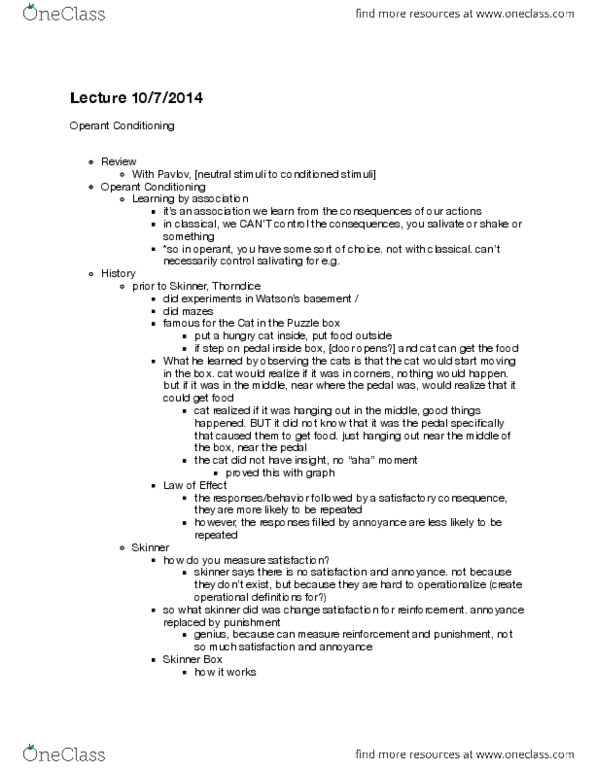 PSYC 2101 Lecture Notes - Lecture 10: Operant Conditioning Chamber, Puzzle Box, Reinforcement thumbnail