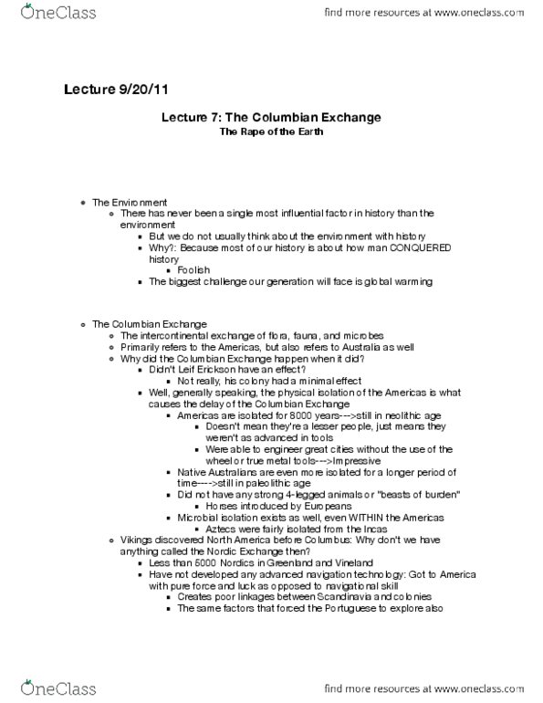 HIST 1011 Lecture Notes - Lecture 7: The Columbian Exchange, Columbian Exchange, Intercontinental Exchange thumbnail