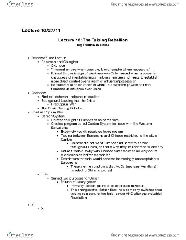 HIST 1011 Lecture Notes - Lecture 16: White Lotus Rebellion, First Opium War, Canton System thumbnail