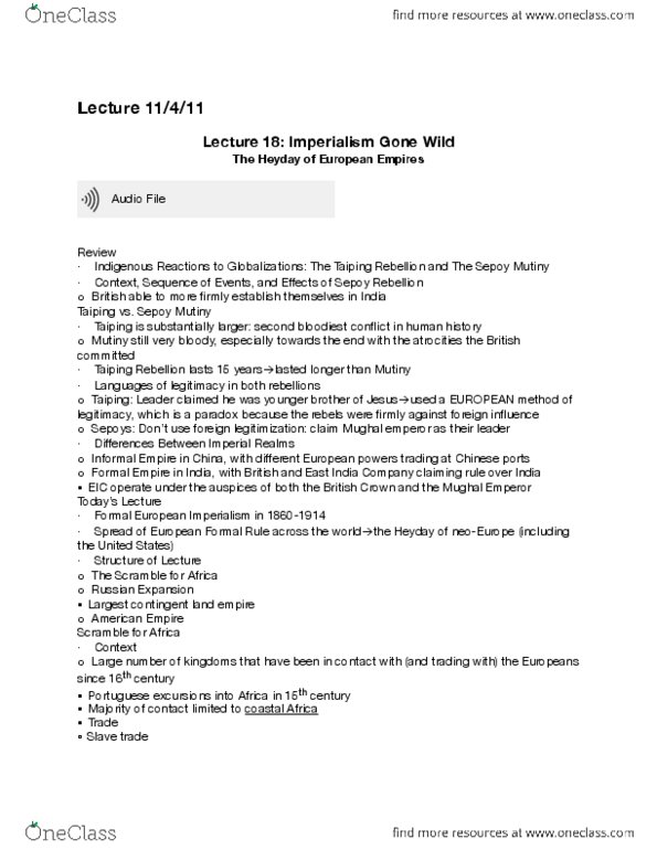 HIST 1011 Lecture Notes - Lecture 18: Indian Rebellion Of 1857, Atlantic Slave Trade, Second Industrial Revolution thumbnail
