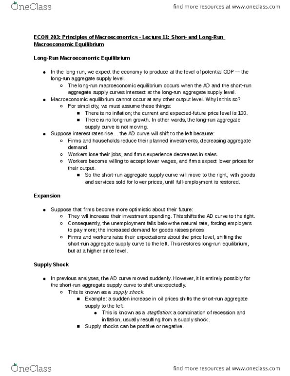 ECON 203 Lecture Notes - Lecture 11: Aggregate Supply, Aggregate Demand, Longrun thumbnail