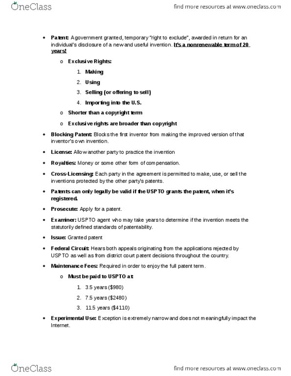 IST 432 Chapter Notes - Chapter 6: United States Patent And Trademark Office, Copyright Term, United States Court Of Appeals For The Federal Circuit thumbnail