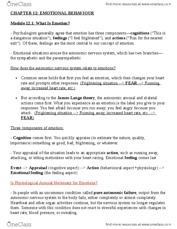PSYC 2240 Chapter Notes - Chapter 12: Prefrontal Cortex, Autonomic Nervous System, Startle Response thumbnail