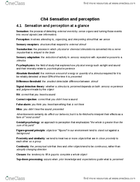 PSYA01H3 Chapter Notes - Chapter 4: Parallax, Auditory Cortex, Retina thumbnail