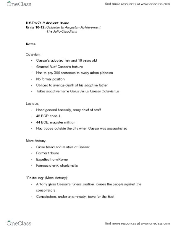 HIST 1271 Lecture Notes - Lecture 10: Main Source, Lex Julia, Imperium thumbnail
