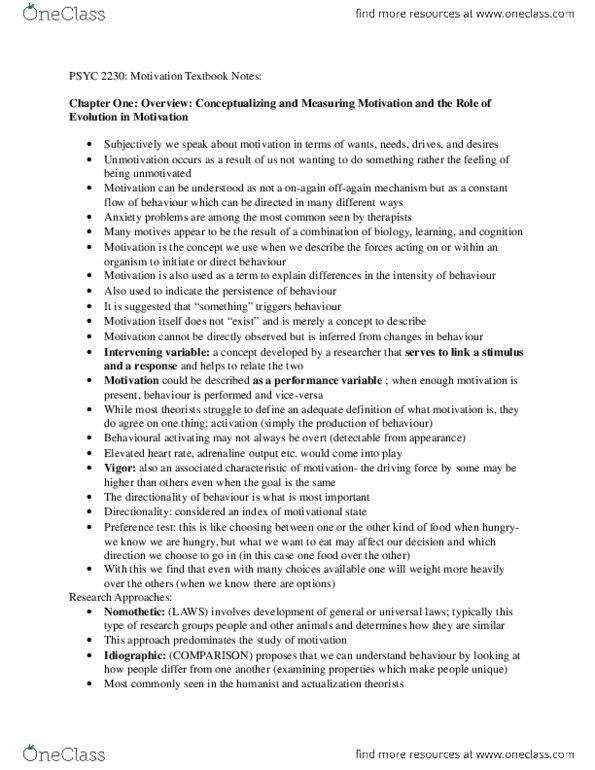 PSYC 2230 Chapter 1-12 (full) except for ch. 5 (sorry): PSYC 2230 Textbook Notes from Motivation thumbnail