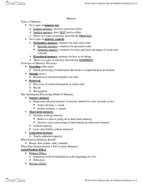 PSY 101 Lecture Notes - Lecture 5: Amygdala thumbnail