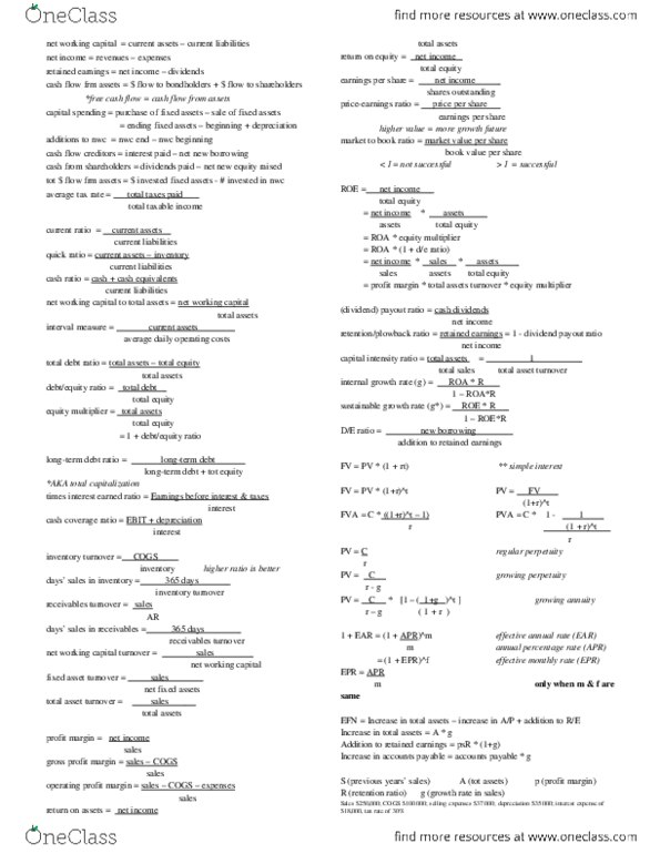 FIN 300 Midterm: FIN 300 Midterm Cheat Sheet - OneClass