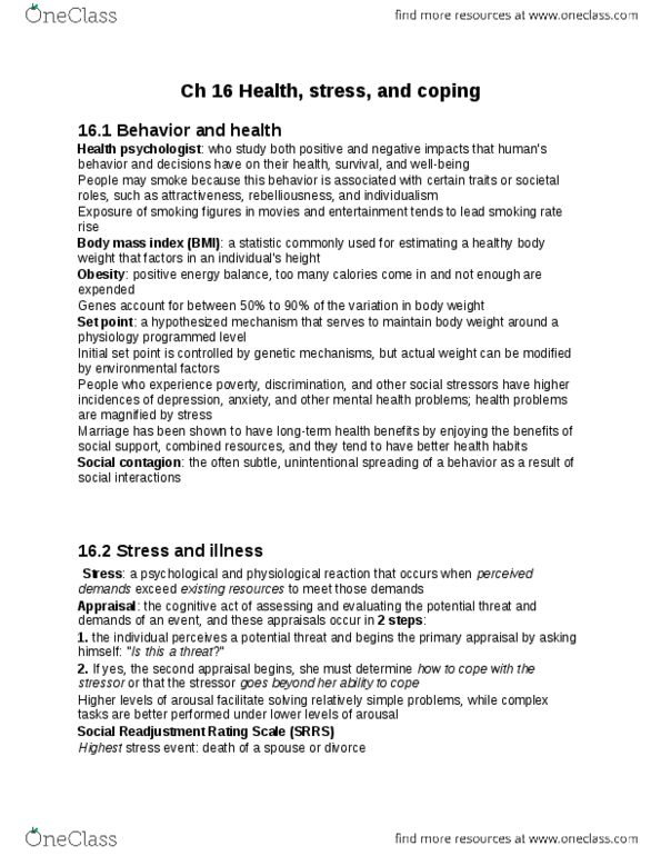 PSYA01H3 Chapter Notes - Chapter 16: Explanatory Style, Calorie Restriction, Pessimism thumbnail