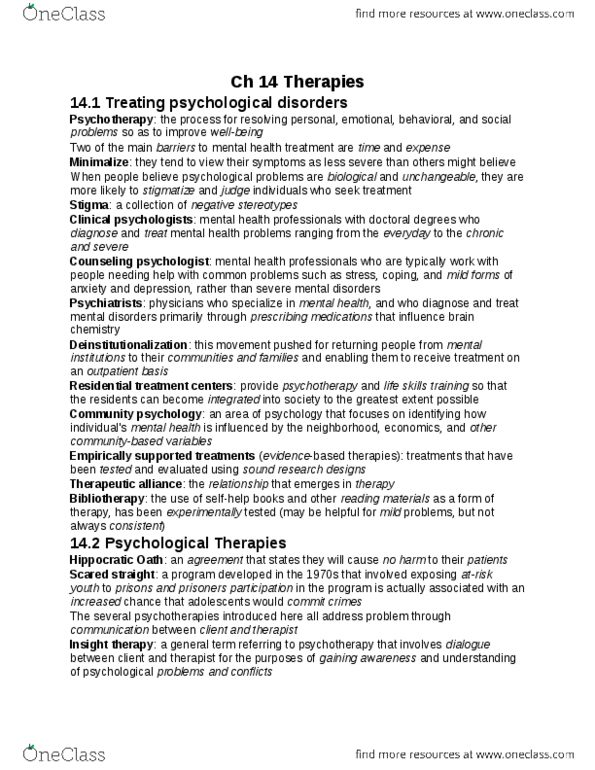 PSYA01H3 Chapter Notes - Chapter 14: Dyskinesia, Tricyclic Antidepressant, Monoamine Oxidase thumbnail