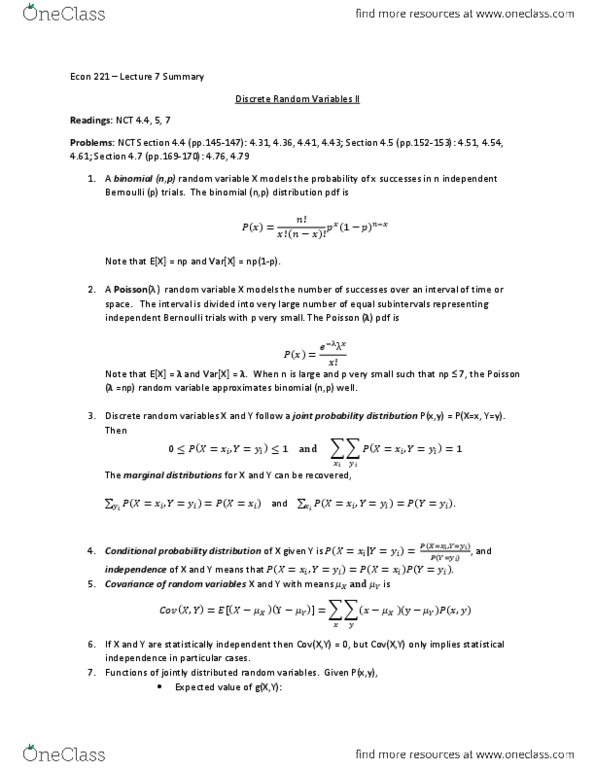 ECON221 Lecture Notes - Lecture 7: Conditional Probability Distribution, Covariance, Joint Probability Distribution thumbnail