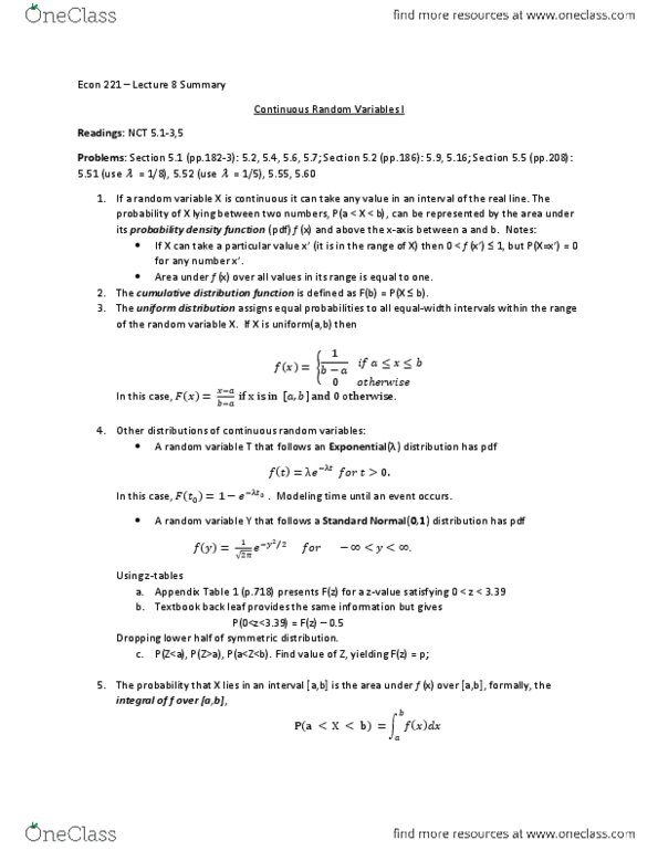 ECON221 Lecture Notes - Lecture 8: Probability Density Function, Probability Distribution, Cumulative Distribution Function thumbnail