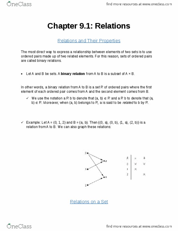 MATH 1190 Chapter Notes - Chapter 9.1: Binary Relation thumbnail