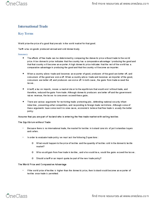 ECON 1000 Chapter Notes - Chapter 9: Invisible Hand, General Agreement On Tariffs And Trade, World Trade Organization thumbnail